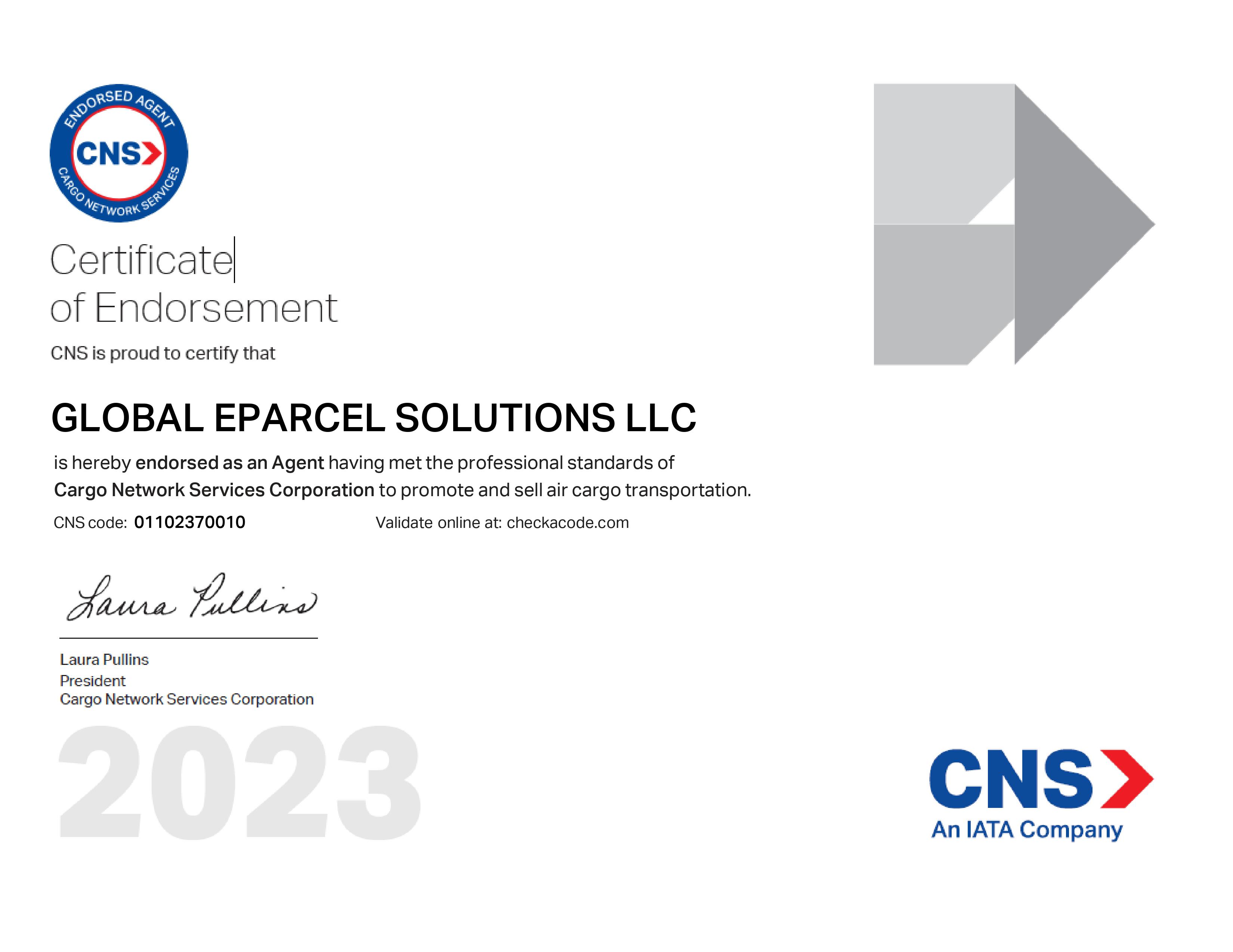 Global eParcel Solutions LLCCNS Certificate