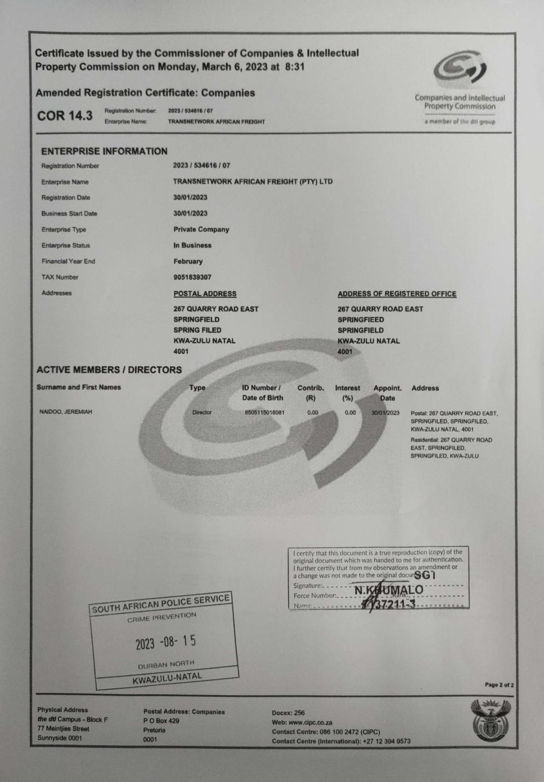 Transnetwork African Freight (PTY) LTDCIPC