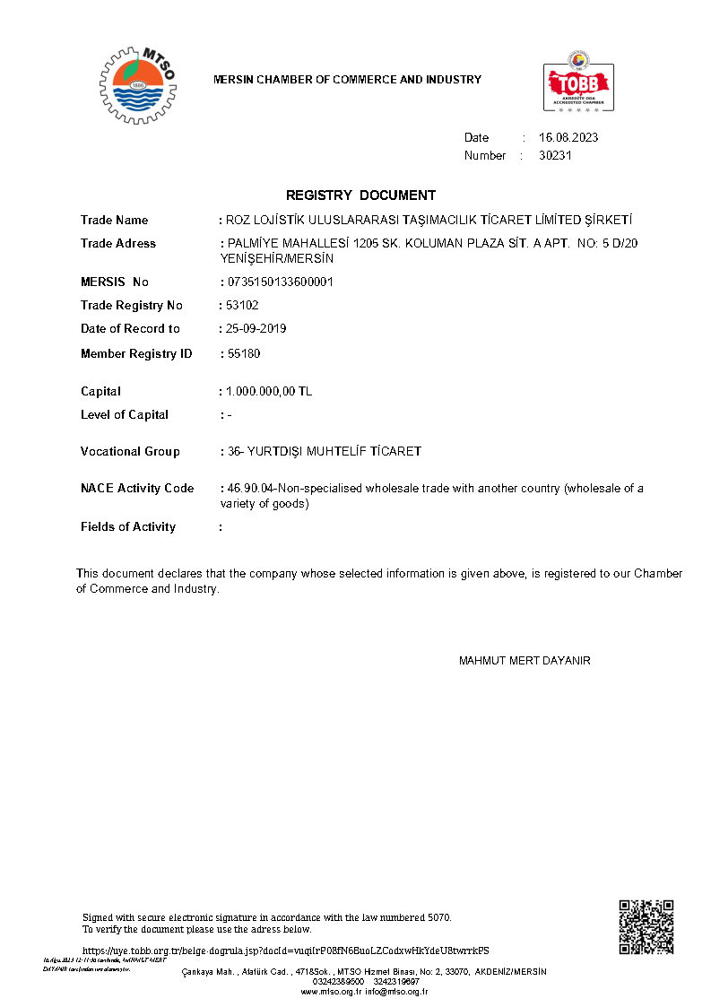 ROZ LOJISTIK ULUSLARARASI TASIMACILIK TICARET LIMITED SIRKETIREGISTRY DOCUMENT