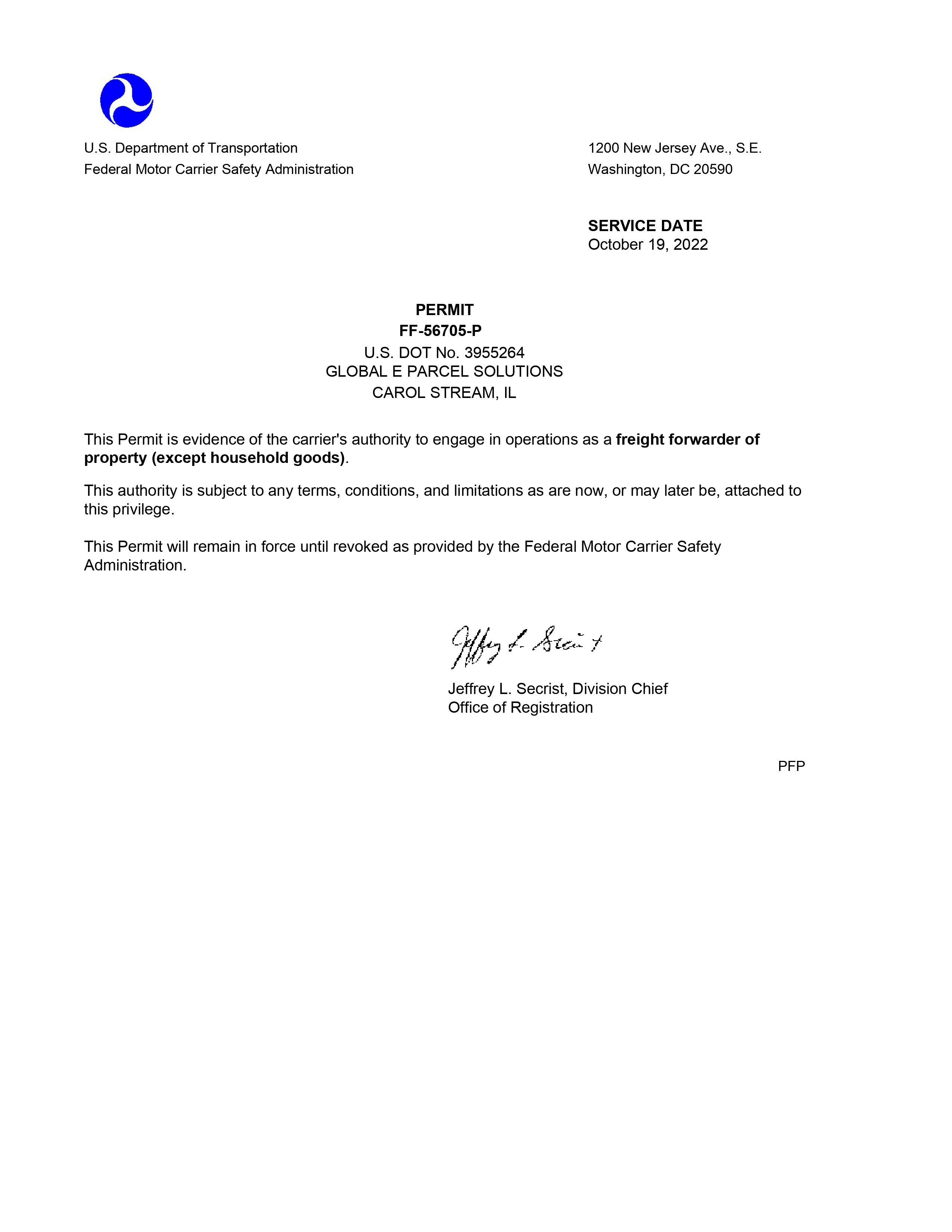 Global eParcel Solutions LLCFMC Permit