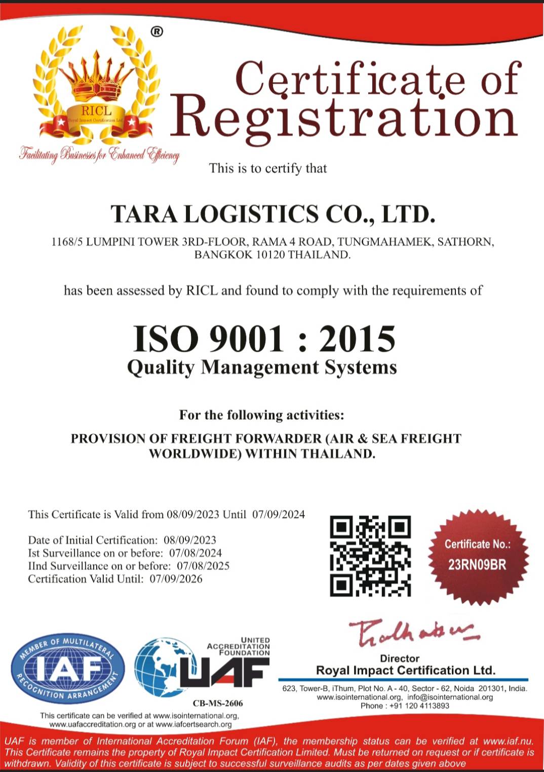 TARA LOGISTICS COMPANY LIMITEDISO 9001:2015