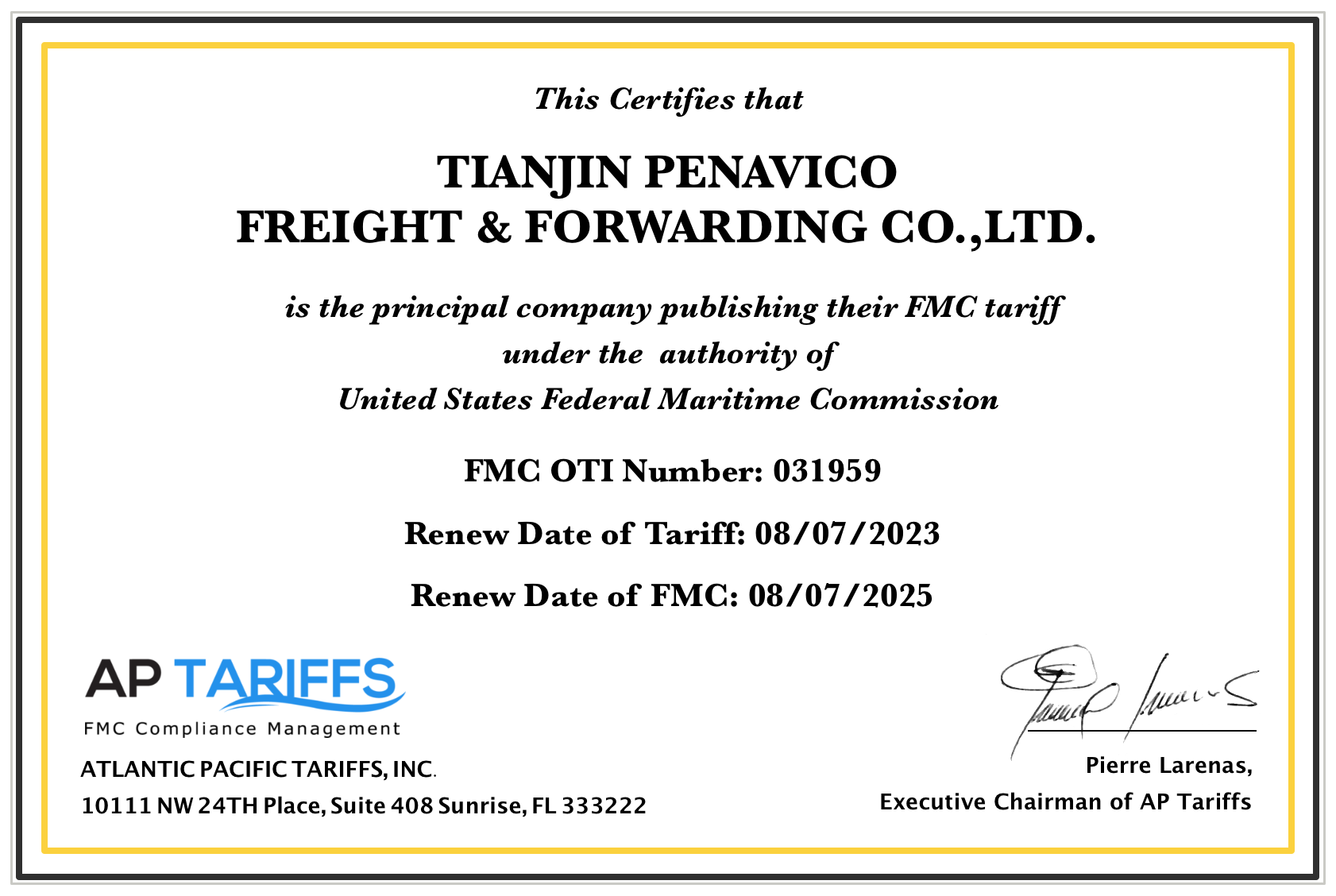 TIANJIN PENAVICO FREIGHT & FORWARDING CO.,LTD.FMC