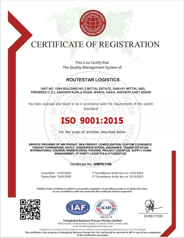 ROUTESTAR LOGISTICSISO 9001:2015 CERTIFICATE
