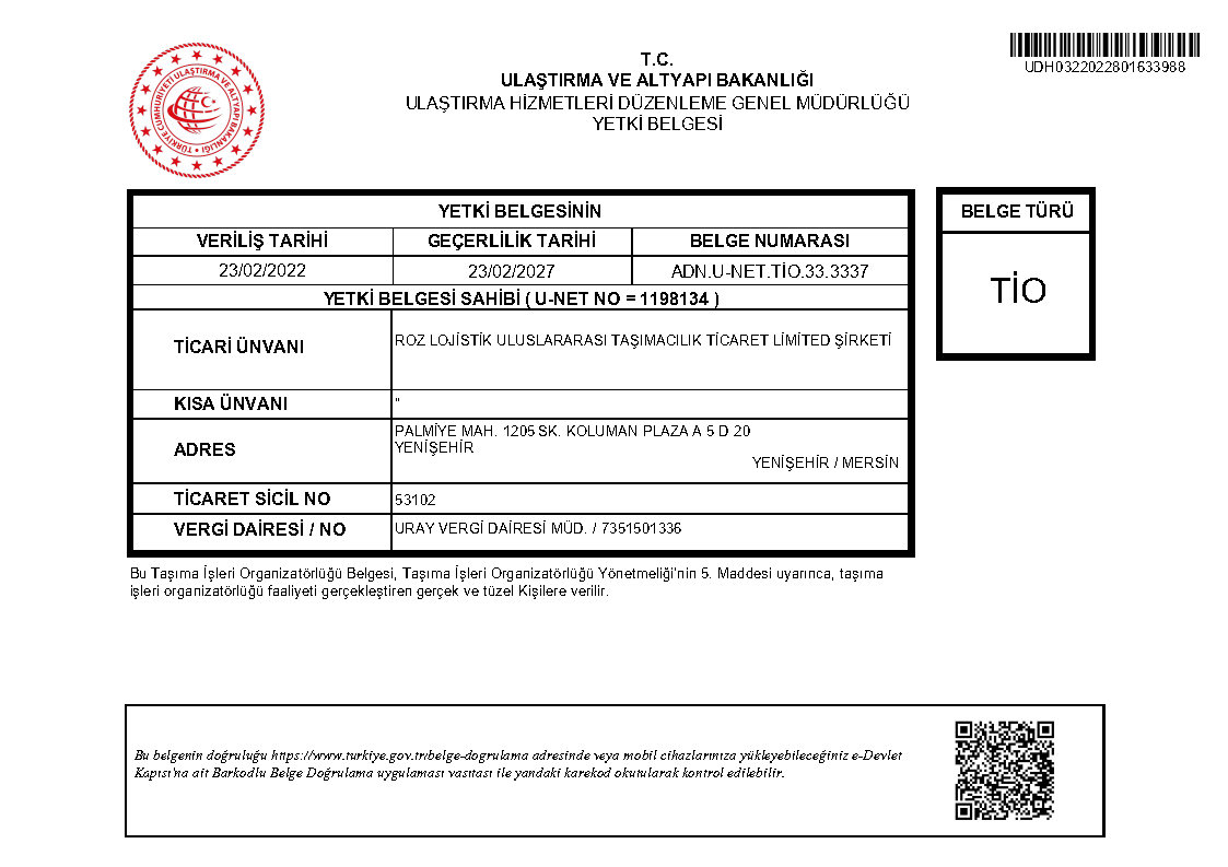 ROZ LOJISTIK ULUSLARARASI TASIMACILIK TICARET LIMITED SIRKETITIO Ministry of Transport