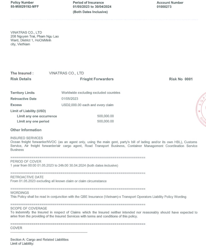 VINATRAS COMPANY LIMITEDFwder Liability Insurance