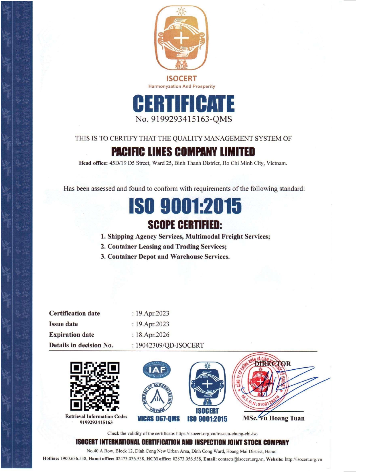 Pacific Lines Co., LtdISO9001:2015