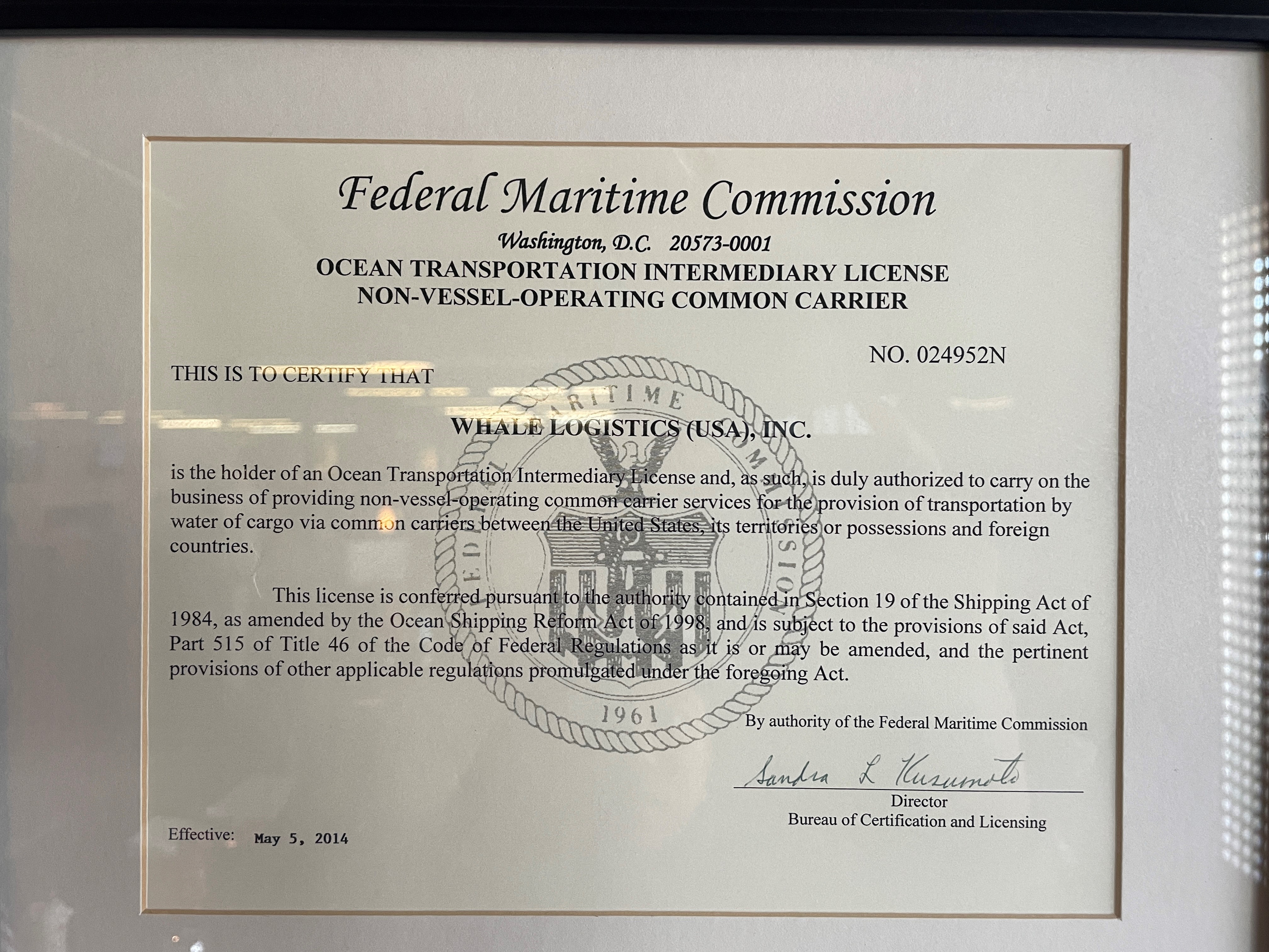 Whale Logistics (USA), Inc.NO. 024952N