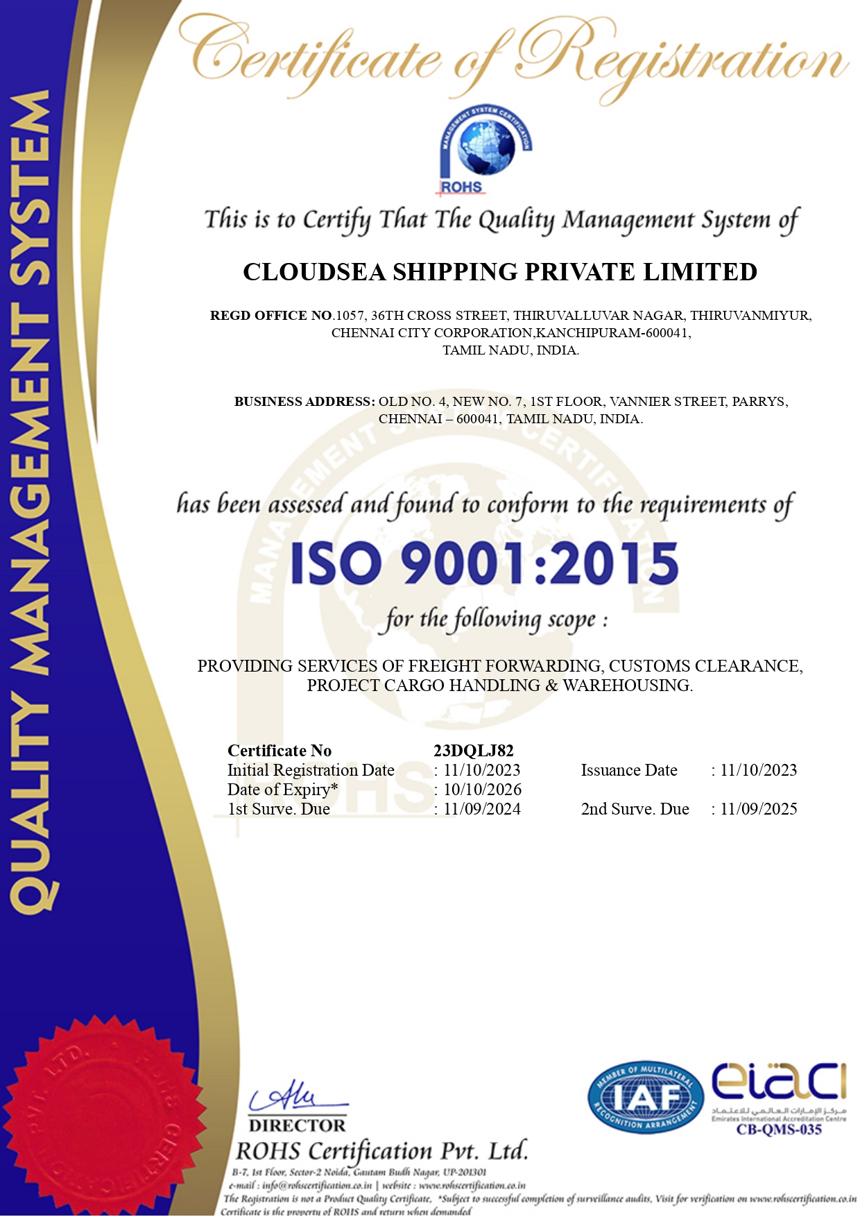 CLOUDSEA SHIPPING PRIVATE LIMITEDISO 9001:2015