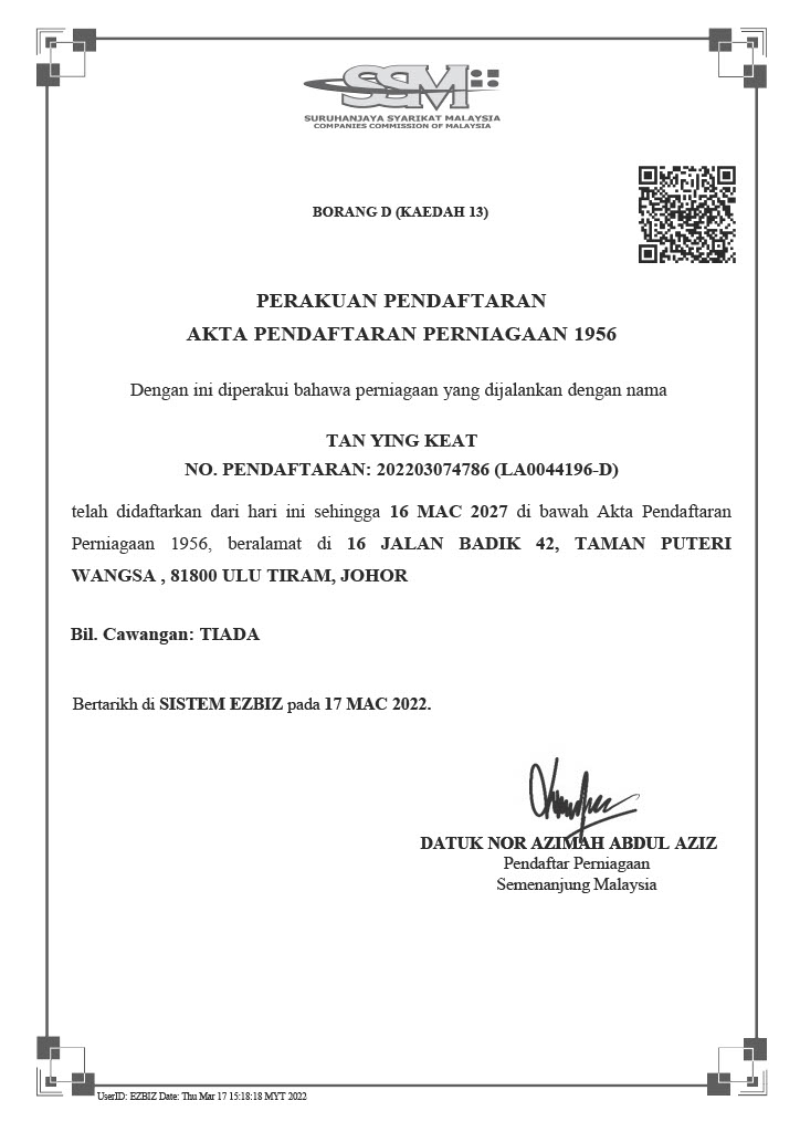 Tan Ying KeatSSM Malaysia Certificate