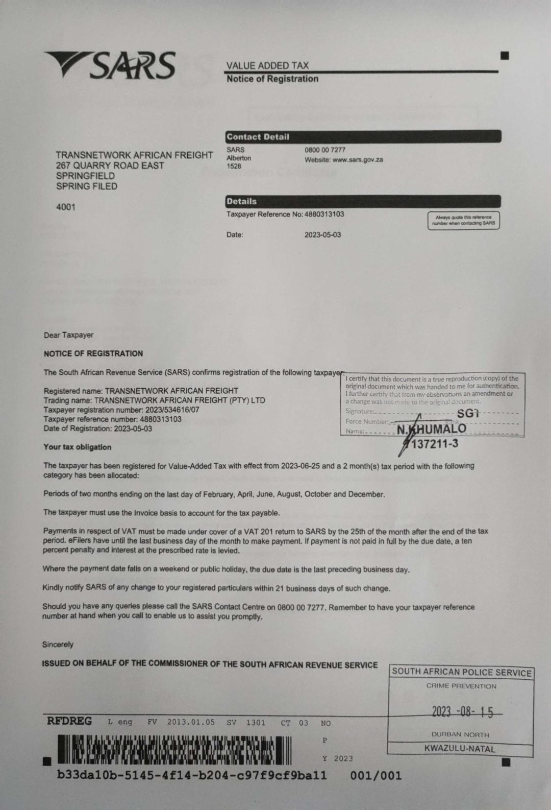Transnetwork African Freight (PTY) LTDTax
