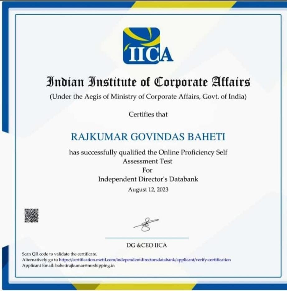 M R Shipping Private LimitedIICA certification