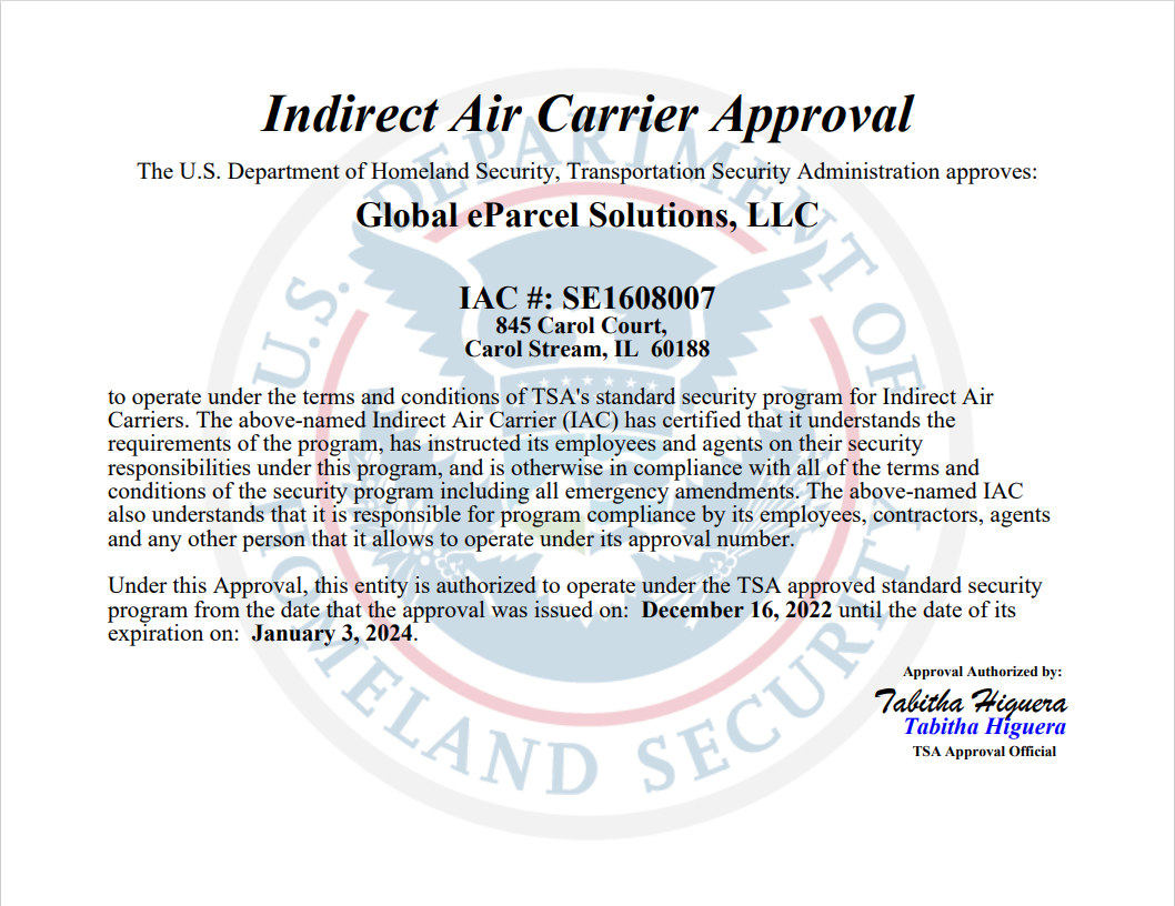 Global eParcel Solutions LLCIAC License