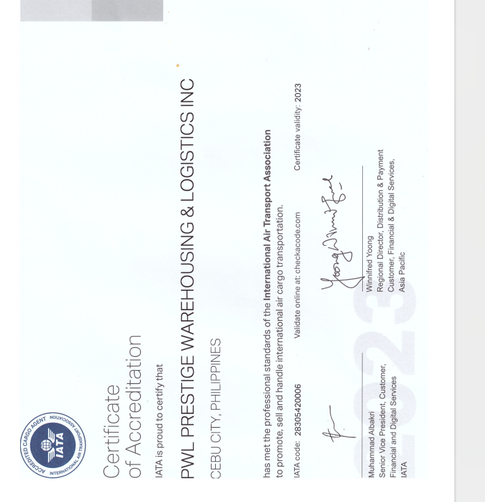 PWL PRESTIGE WAREHOUSING & LOGISTICS INC.IATA certificate