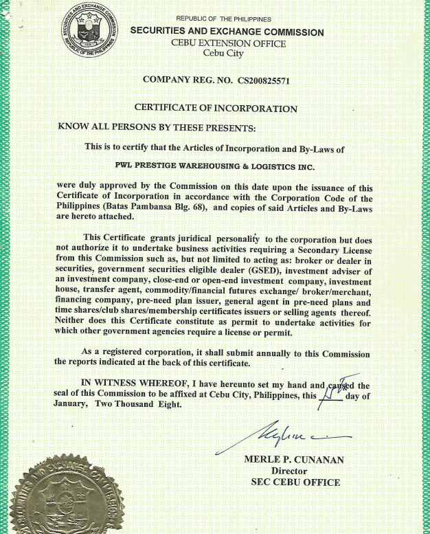 PWL PRESTIGE WAREHOUSING & LOGISTICS INC.business license