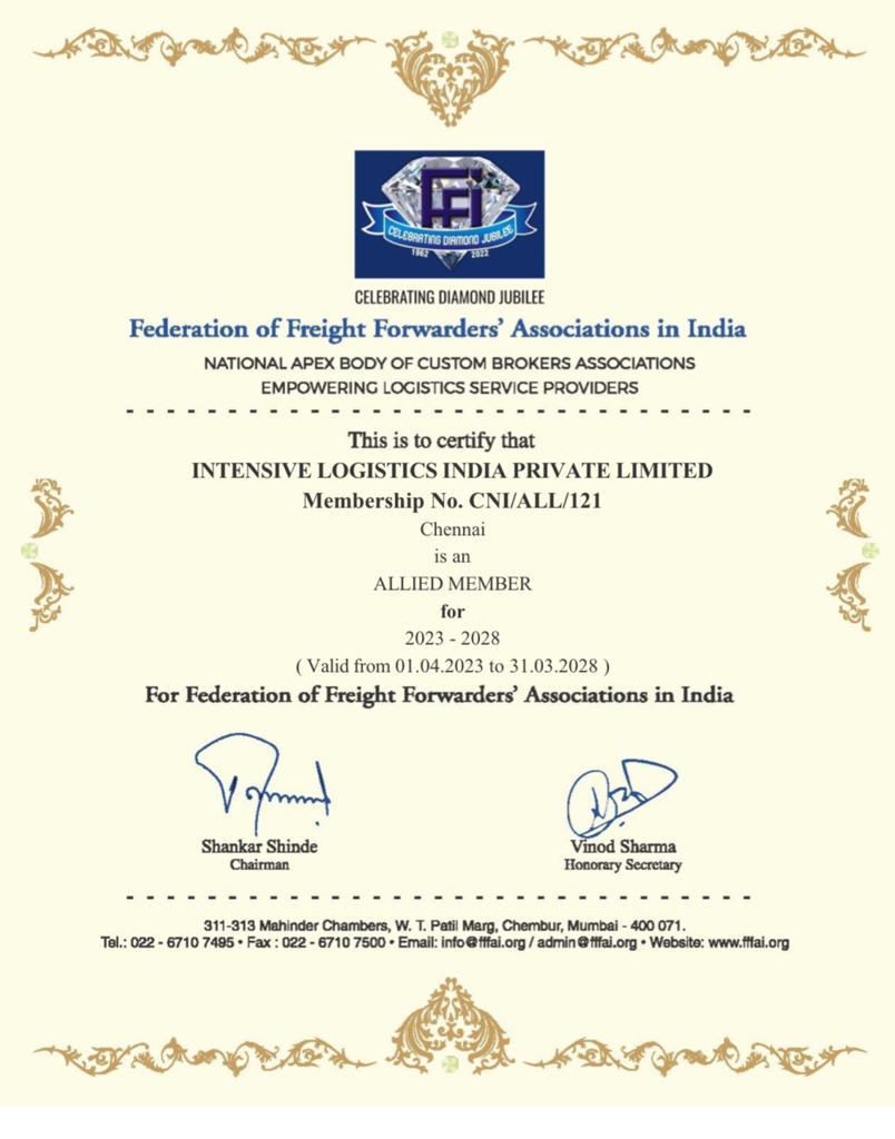 INTENSIVE LOGISTICS INDIA PVT LTDFFFAI CERTIFICATE