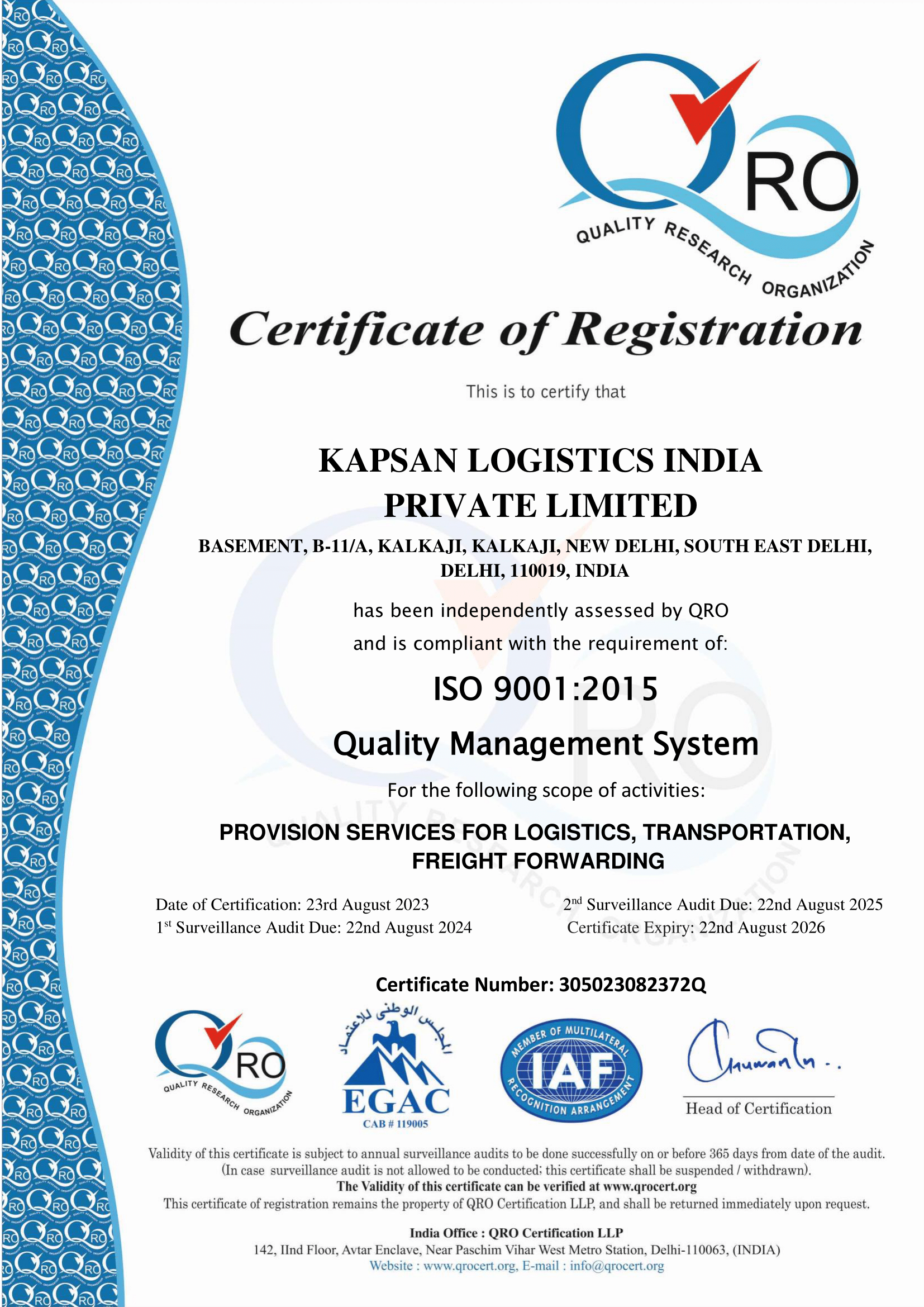 KAPSAN LOGISTICS INDIA PRIVATE LIMITEDISO 9001-2015