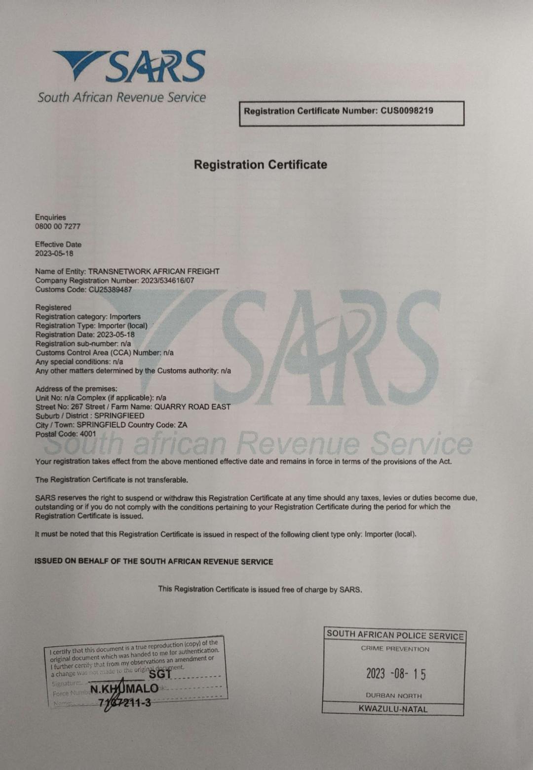 Transnetwork African Freight (PTY) LTDCertificate