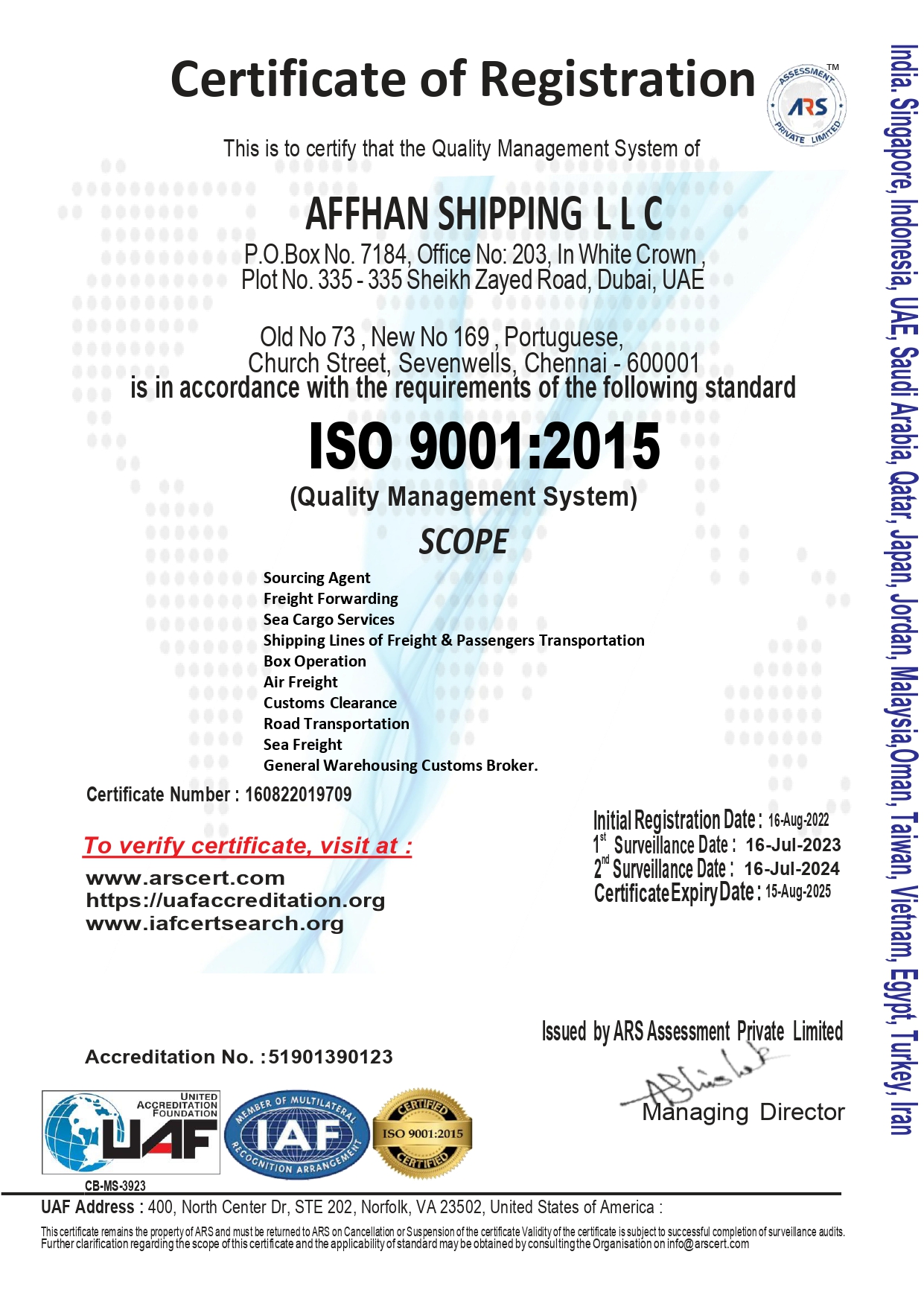 AFFHAN SHIPPING L.L.CISO 9001:2015