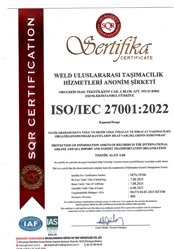 WELD ULUSLARARASI TASIMACILIK HIZ. A.S.ISO 27001
