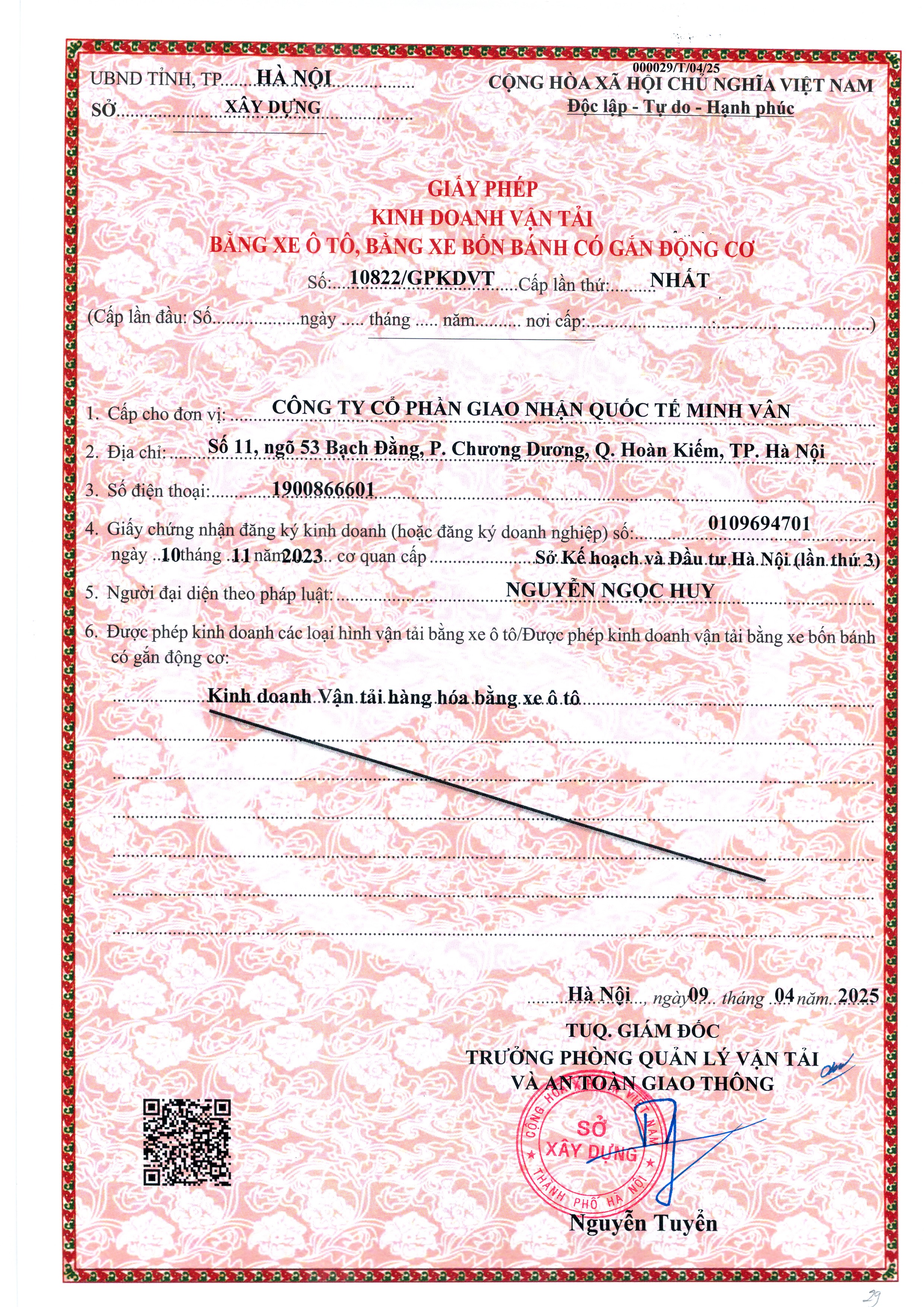 Minh Van International Transport Logistics Joint Stock CompanyLICENSE TRANSPORT BY CAR