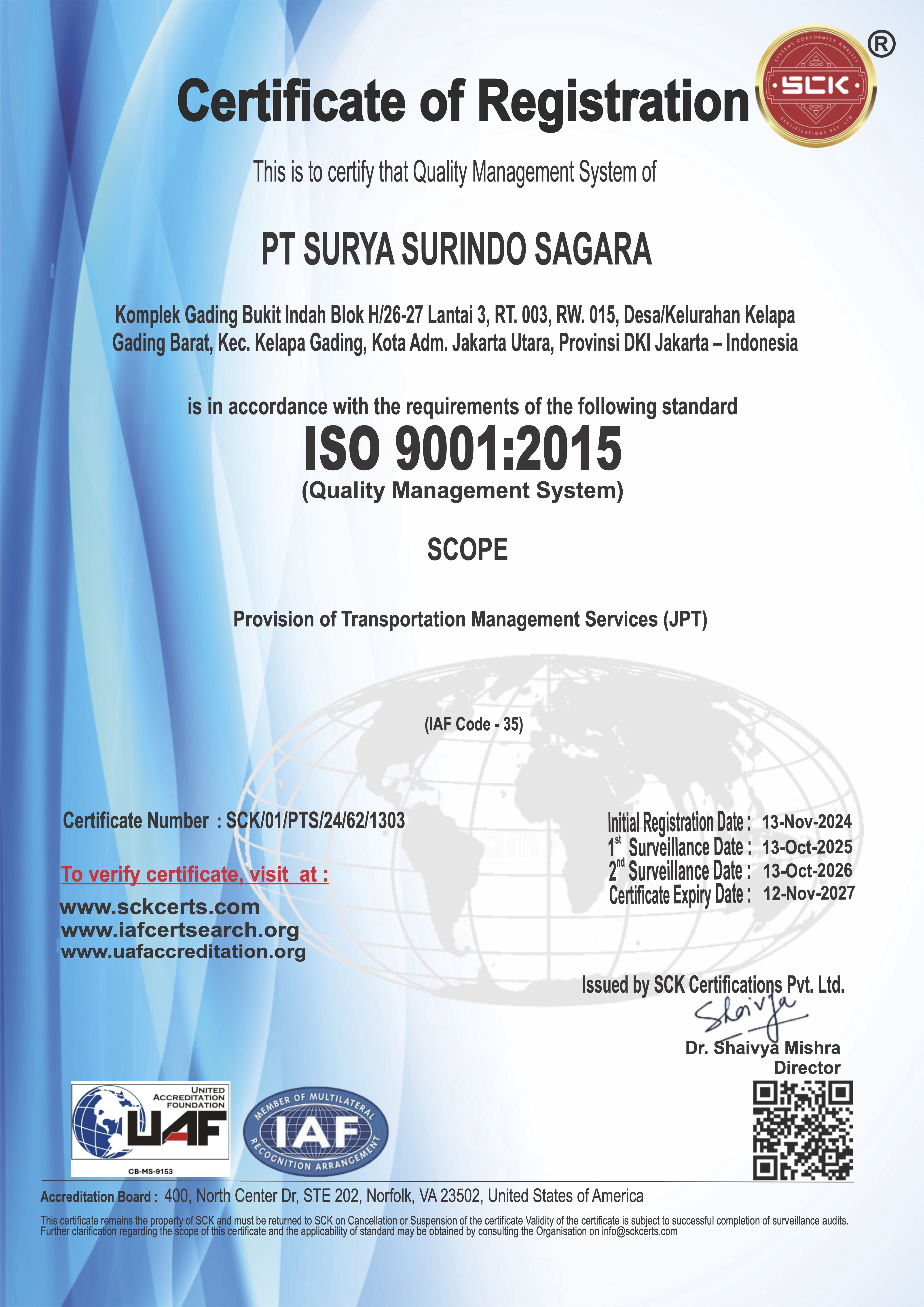 Pt. Surya Surindo SagaraISO CERTIFICATE