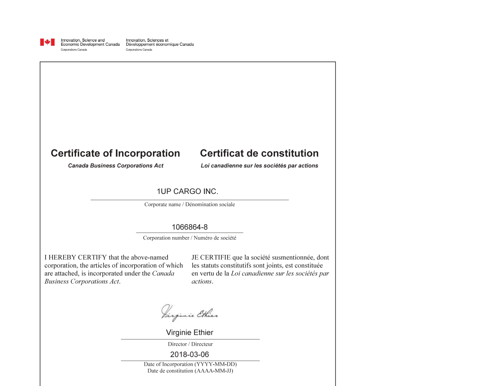 1UP CARGO INC.Incorp Certificate