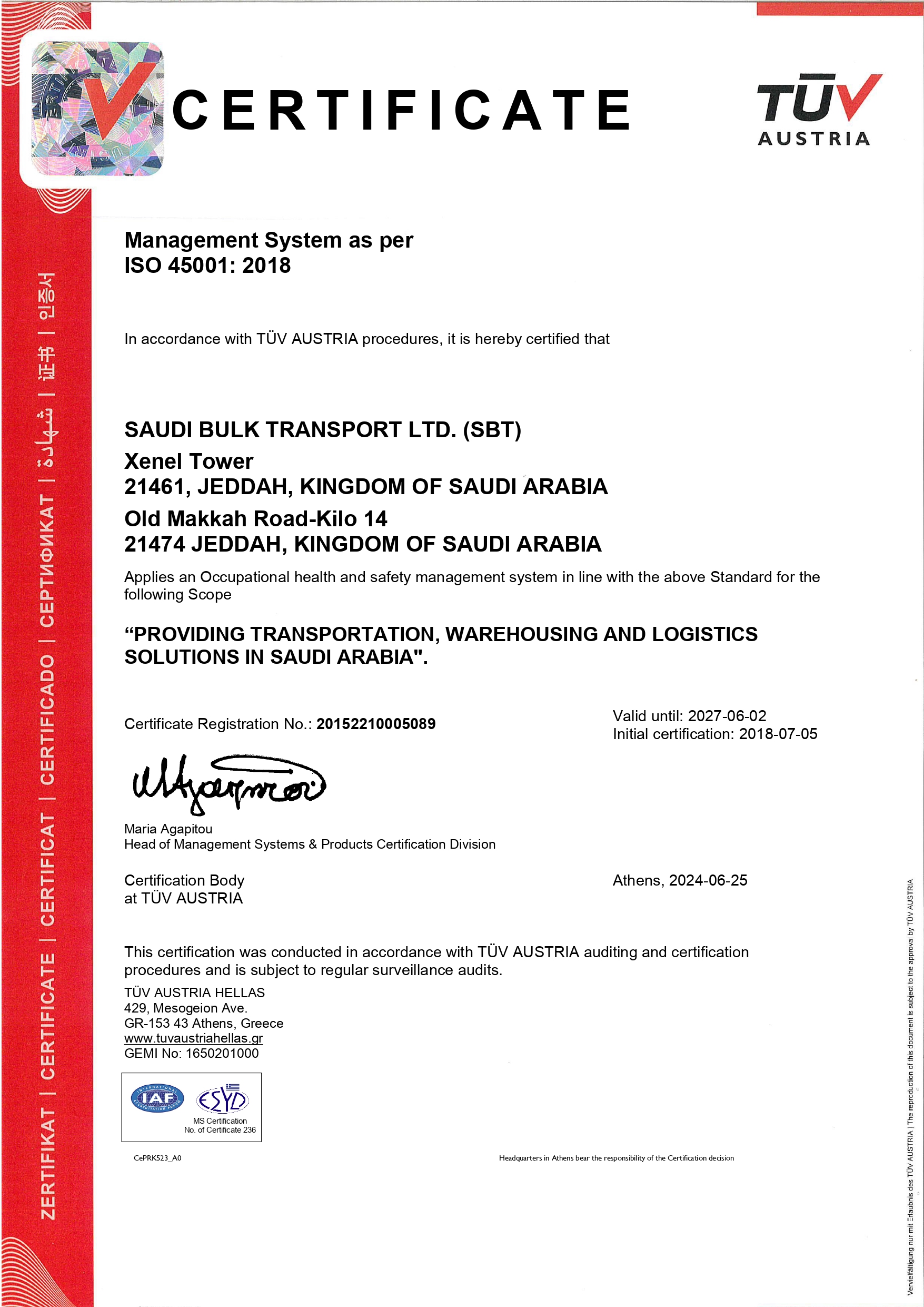 SAUDI BULK TRANSPORT LTD.ISO 45001: 2018