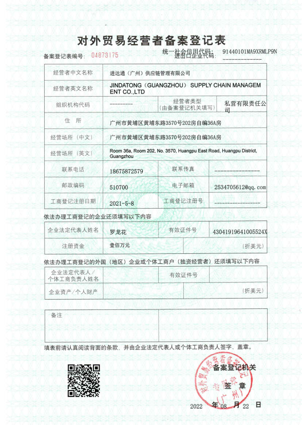 JINDATONG (GUANGZHOU) SUPPLY CHAIN MANAGEMENT CO ., LTDFiling of external busine