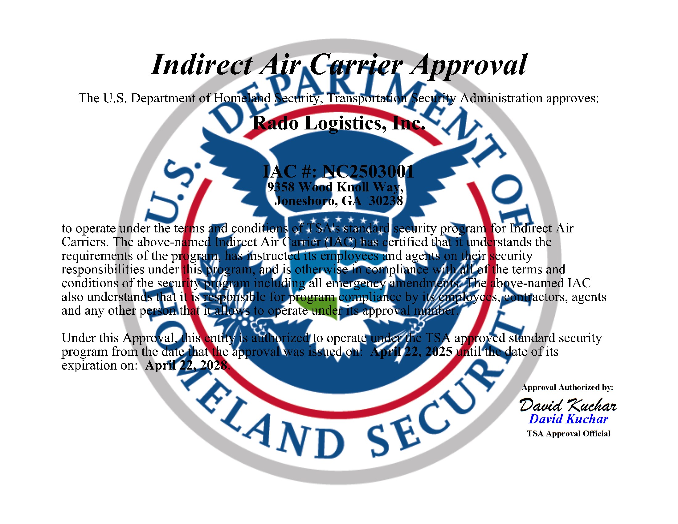 Rado Logistics, Inc.IAC Certificate