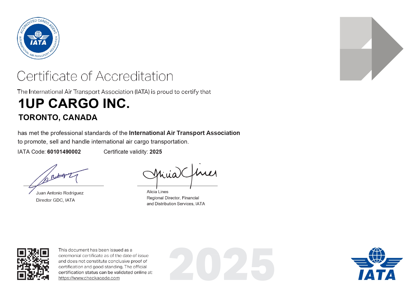 1UP CARGO INC.IATA Certificate