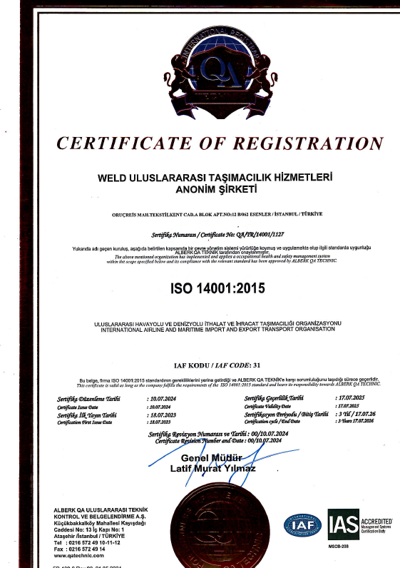 WELD ULUSLARARASI TASIMACILIK HIZ. A.S.ISO 14001