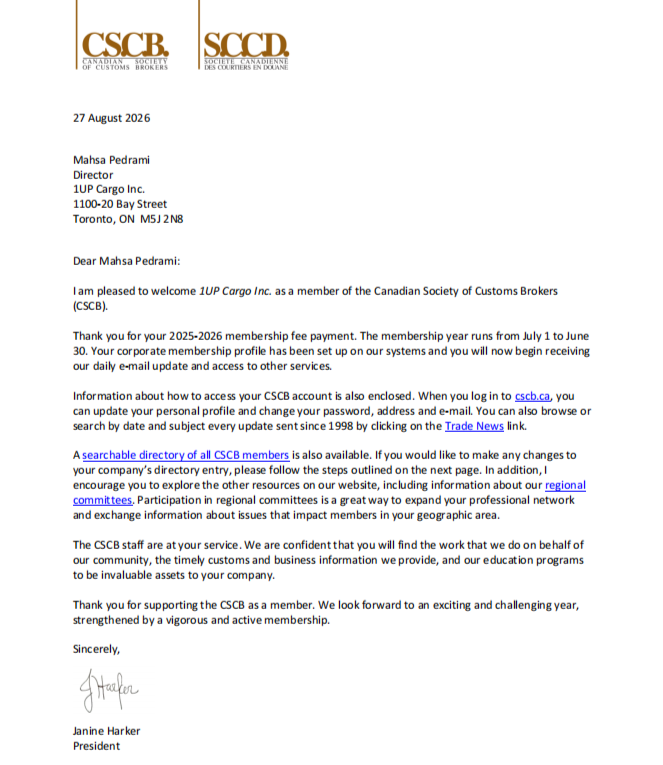 1UP CARGO INC.CSCB Certificate