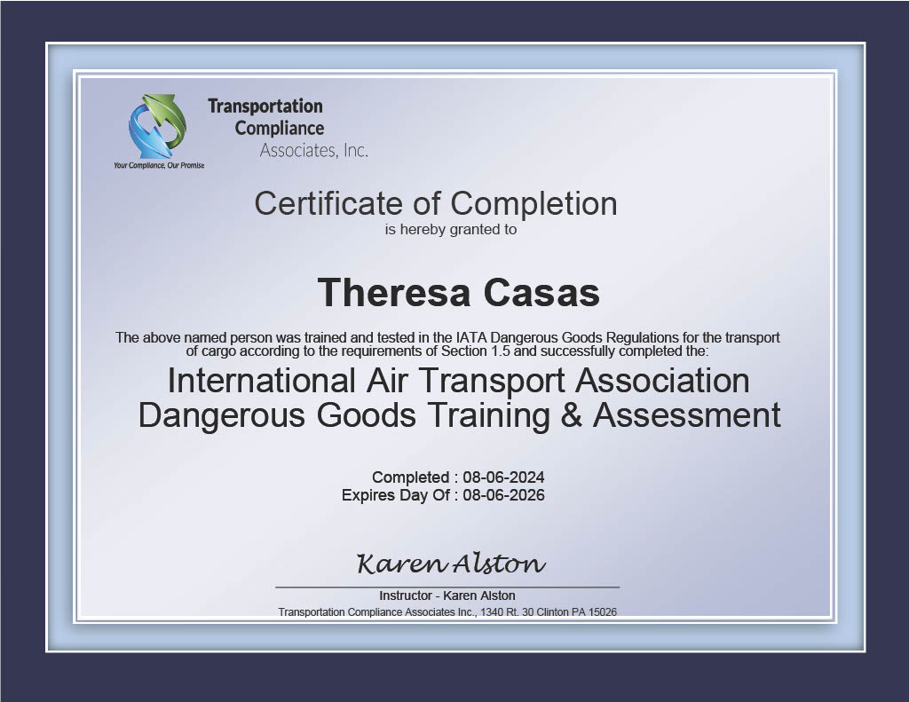 UNION LOGISTICS OF FLORIDA LLCHAZMAT AIR CERTIFICATE