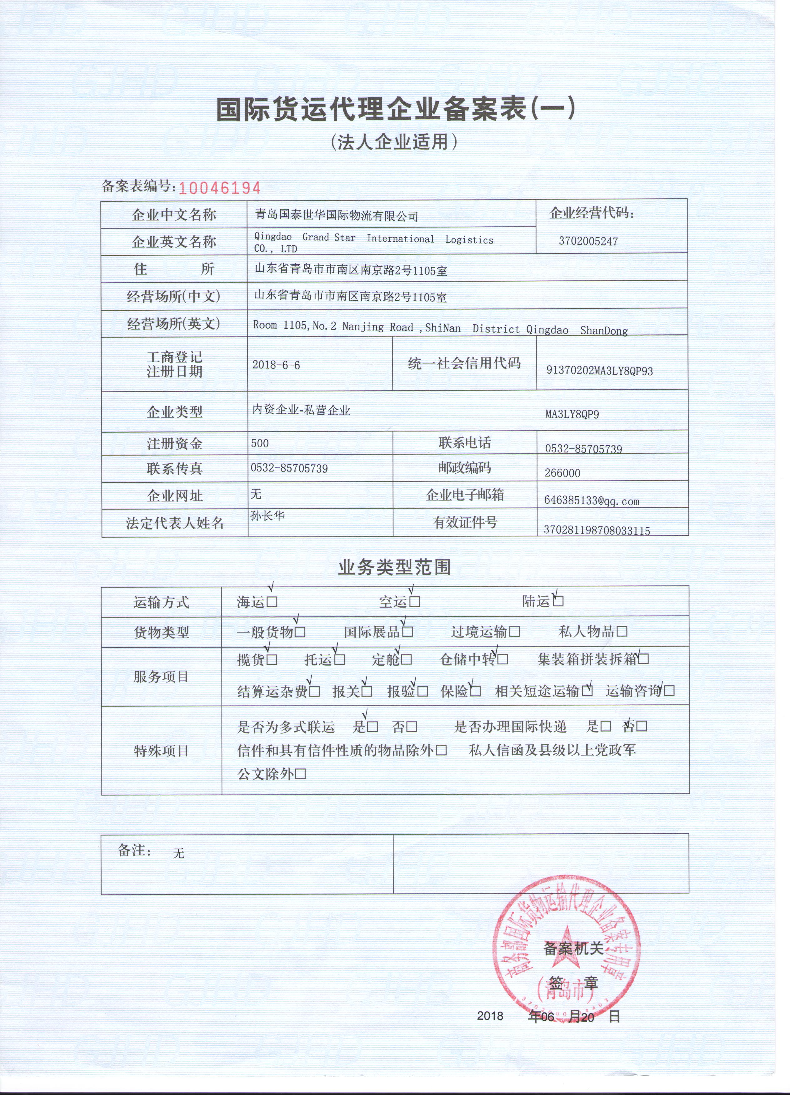 QINGDAO GRAND STAR INTERNATIONAL LOGISTICS CO.,LTDFreight Forwarding Regist