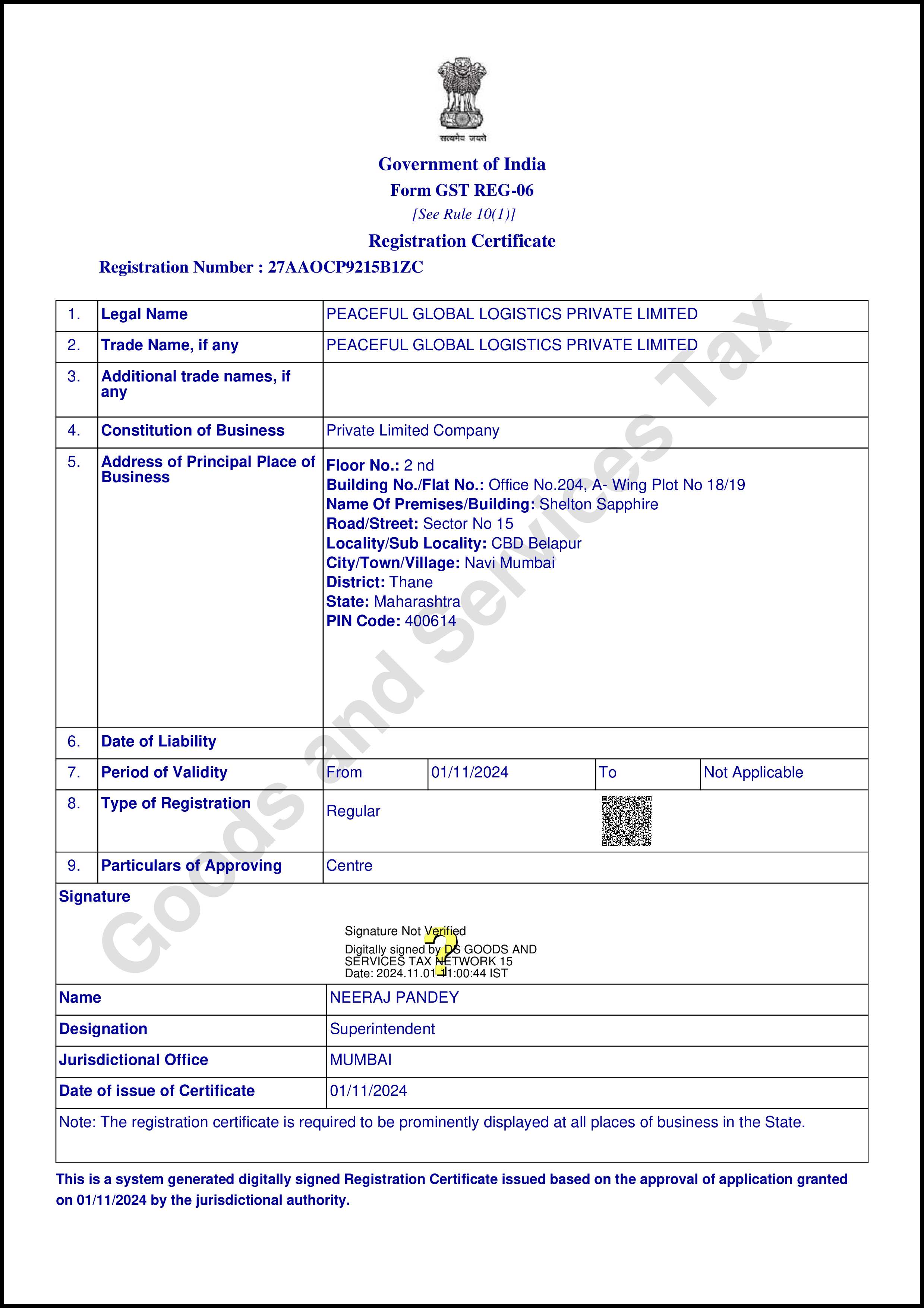 Peaceful Global Logistics Pvt LtdGST