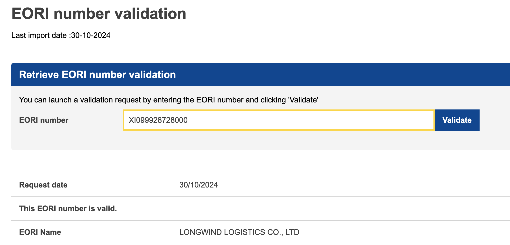 Longwind logistics Co. ,Ltd.XI EORI