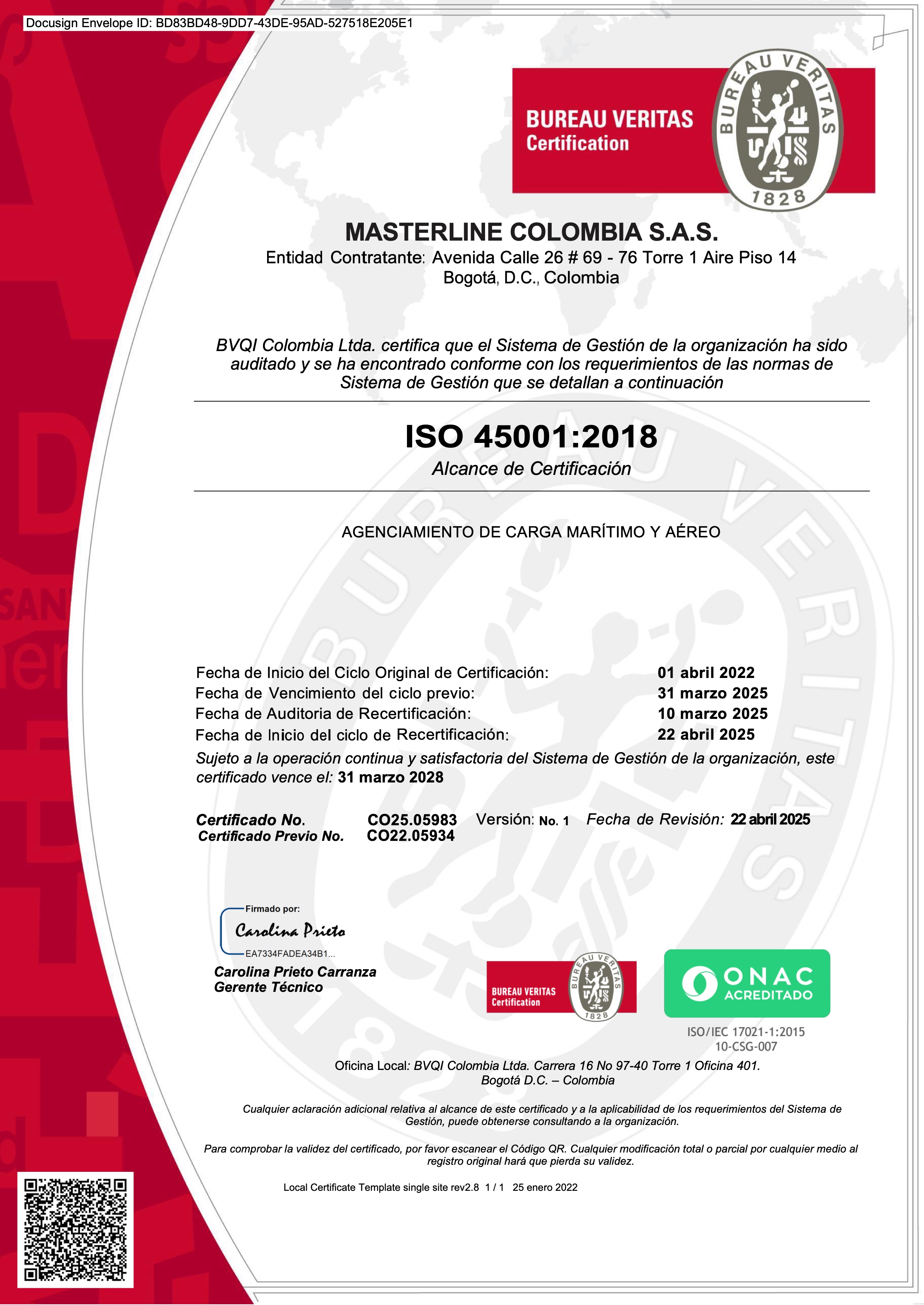 MASTERLINE COLOMBIA S A SISO 45001:2018