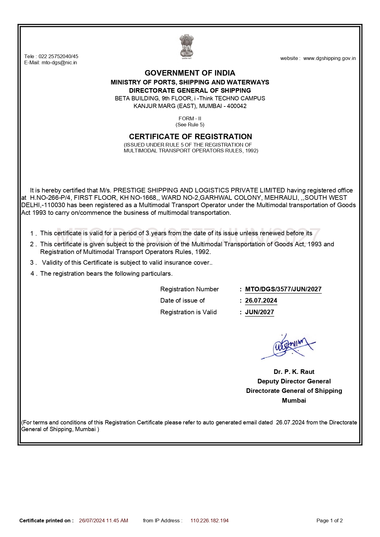 Prestige Shipping and Logistics Private LimitedMTO
