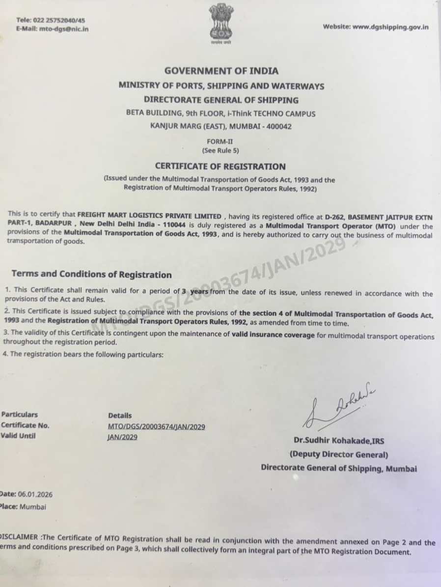 FREIGHT MART LOGISTICS PRIVATE LIMITEDCertificates