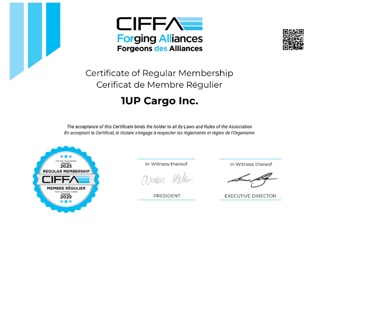 1UP CARGO INC.CIFFA Certificate