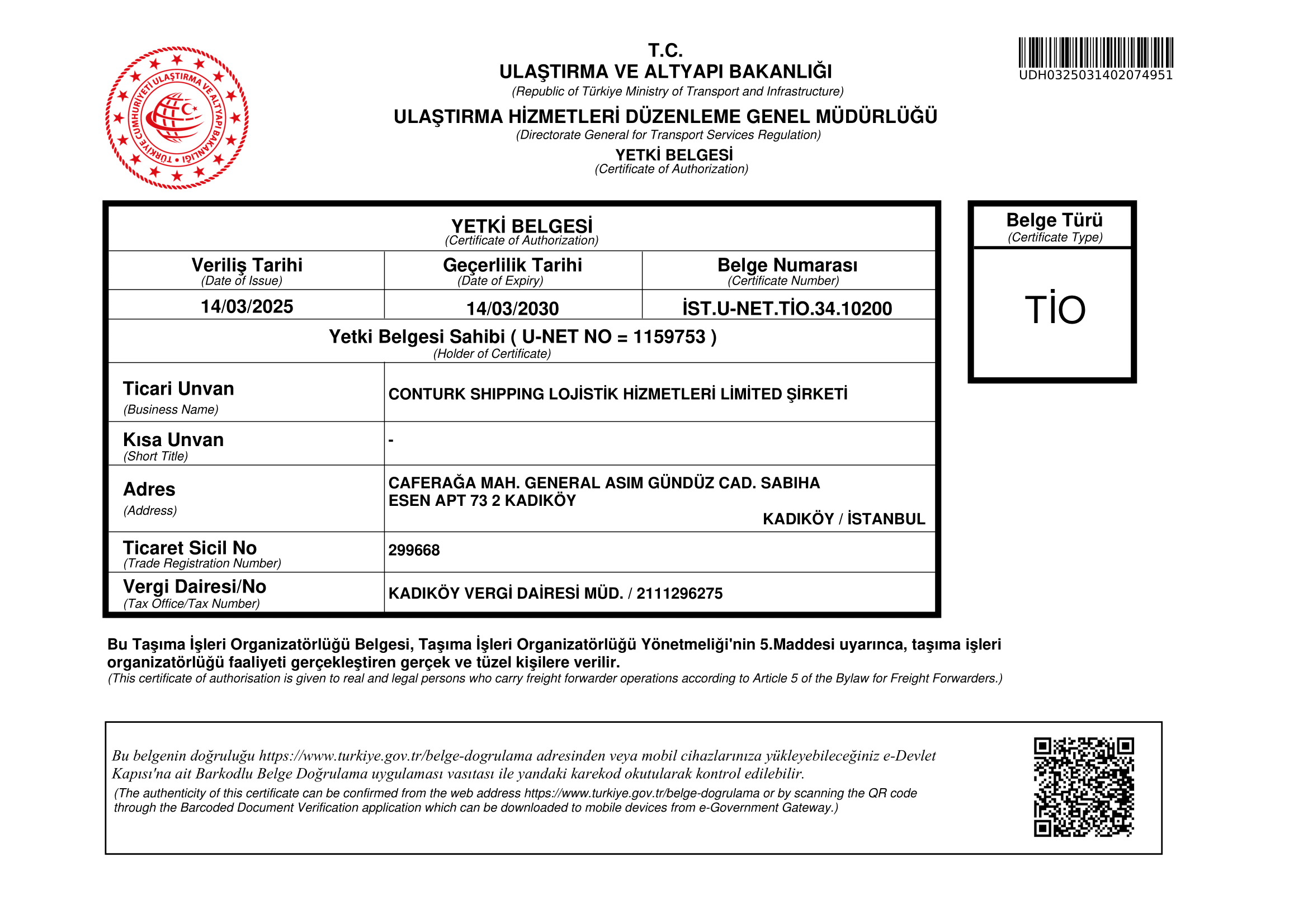 Conturk ShippingTIO CERTIFICATE