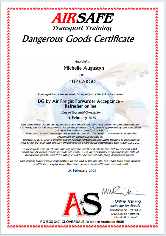 1UP CARGO2 DG Certificate