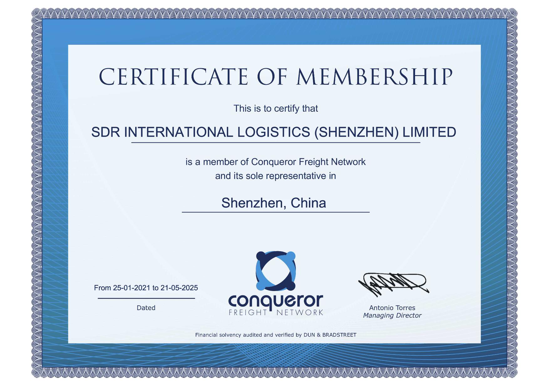 SDR INTERNATIONAL LOGISTICS (SHENZHEN) LIMITEDCONQUEROR FREIGHT NETWORK