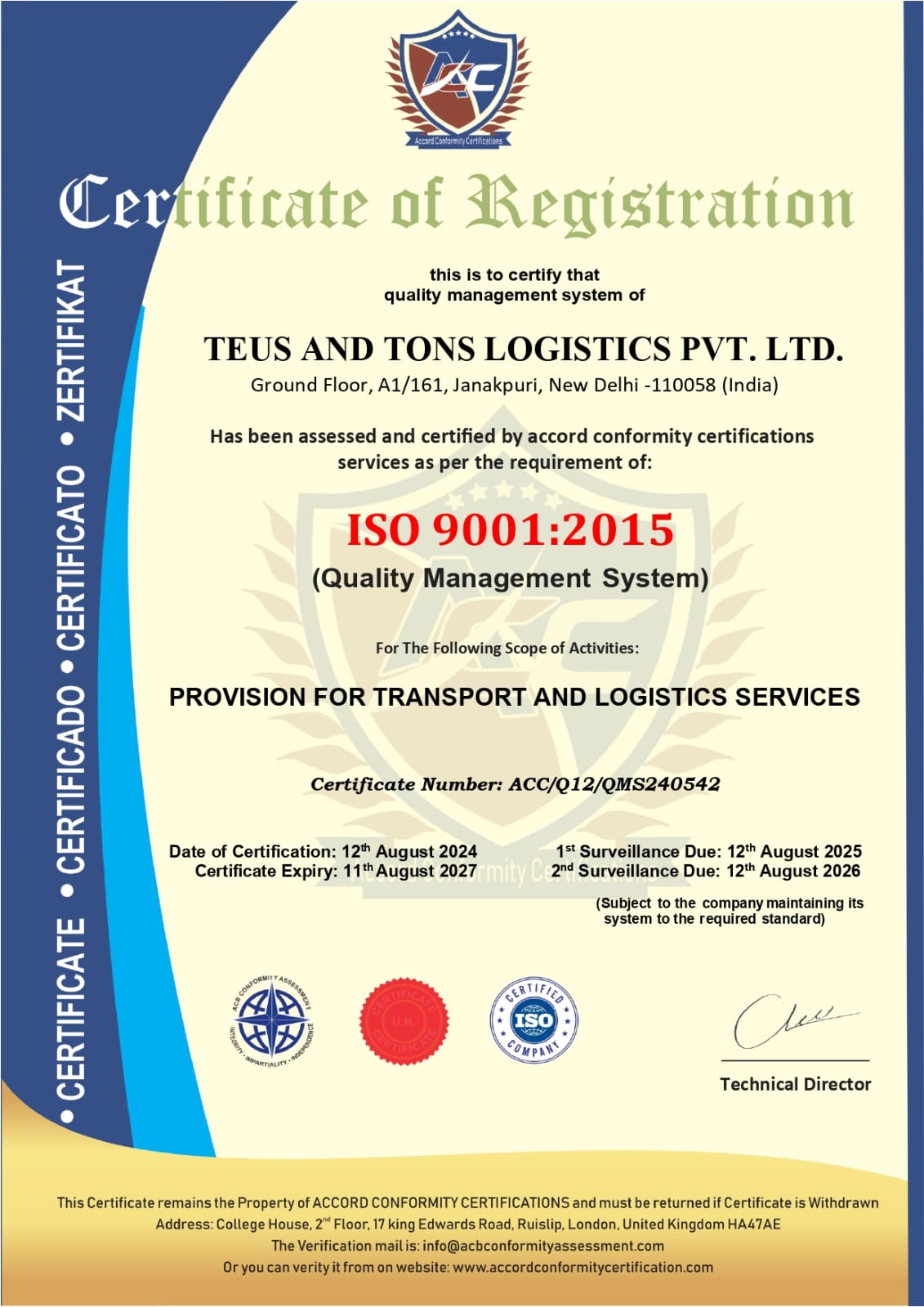 Teus And Tons Logistics Pvt LtdISO Renewed