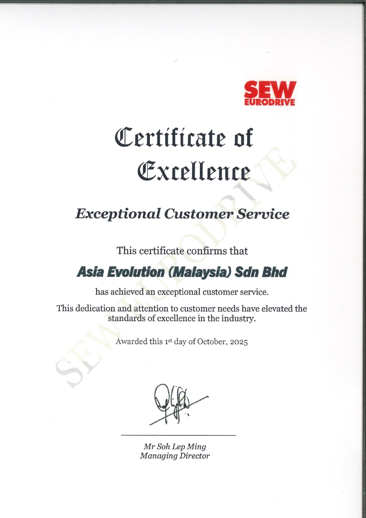 ASIA EVOLUTION (M) SDN BHDCertificate Of Excellence
