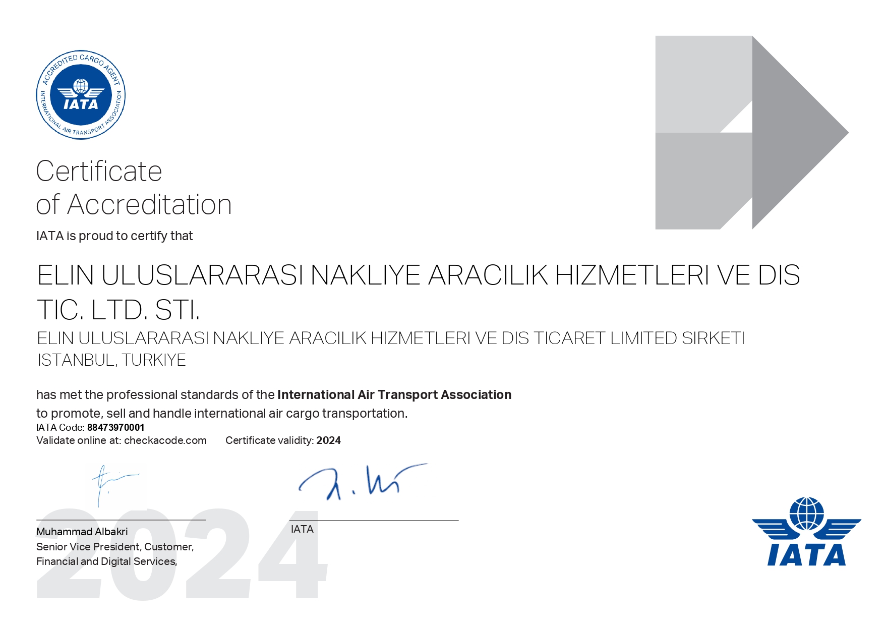 ELIN ULUSLARARASI NAKLIYE ARACILIK HIZMETLERI VE DIS TICARET LTD. STI.IATA