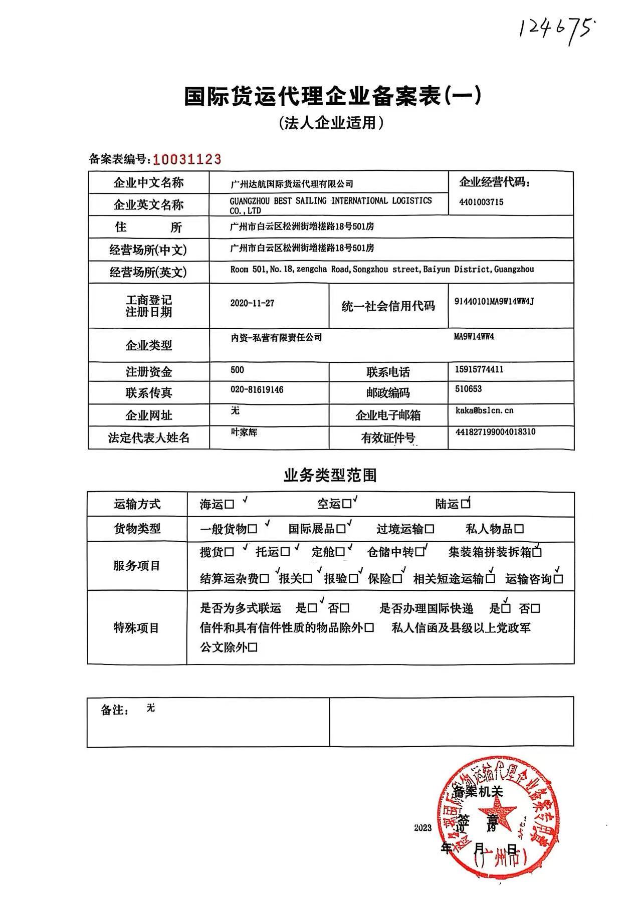 Guangzhou Best Sailing International Logistics Co.,Ltdagency document