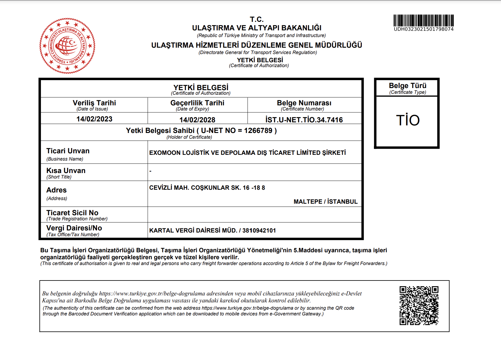 Exomoon Lojistik Ve Depolama Dis Ticaret Limited SirketiTransportationCertificate