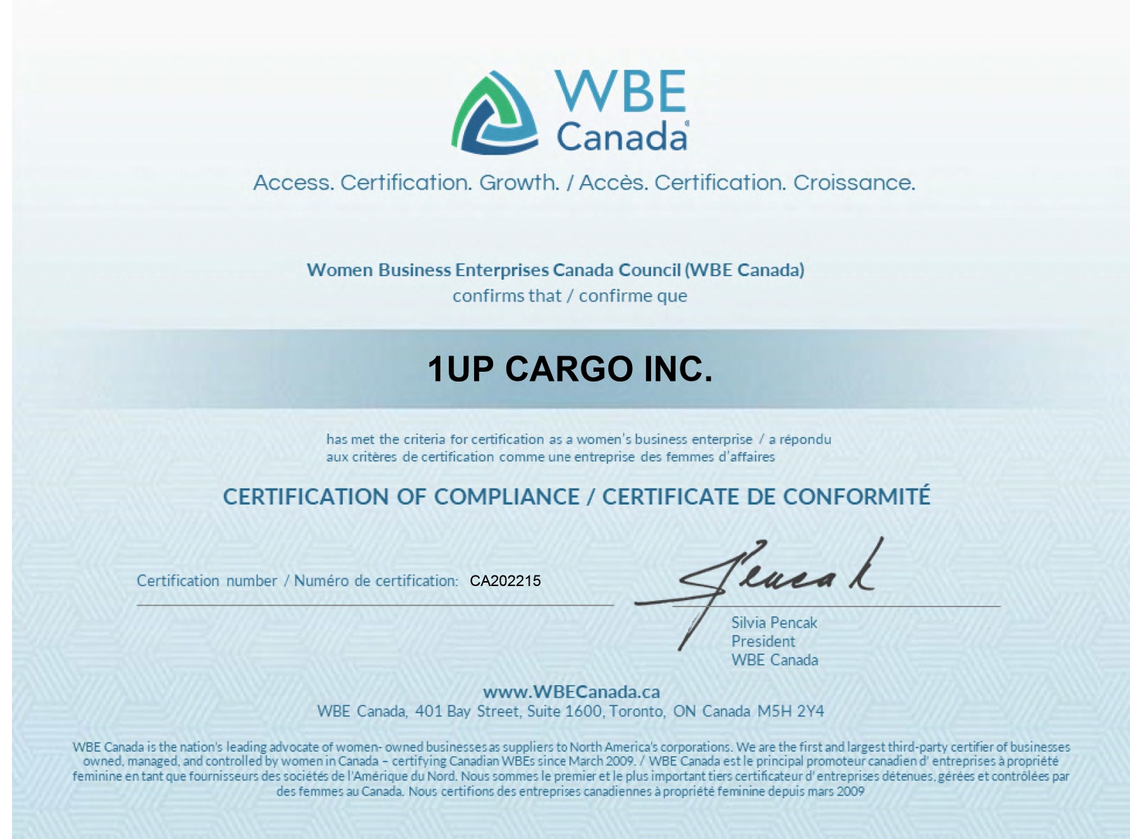 1UP CARGO INC.WBE Certificate