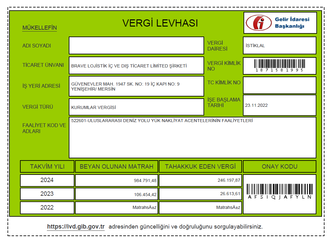 BRAVE LOJISTIK IC VE DIS TICARET LIMITED SIRKETI